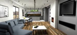 Projektowanie wnętrz - online Jolanta Broda - Lebioda aranżacja salonu i kuchni, loft,