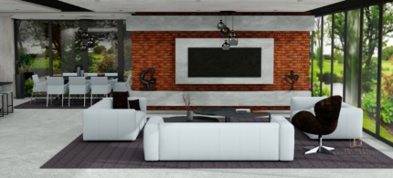 Projekt salonu z cegłą, wizualizacja nowoczesnego wnętrza z cegłą Jolanta Broda - Lebioda