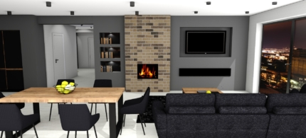 Projektowanie wnętrz - online- cała Polska Jolanta Broda - Lebioda, projekt wnętrza z kominkiem