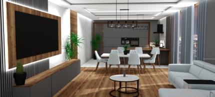 Projektant wnętrz - online - Jolanta Broda - Lebioda, projekt wnętrza w szarości i drewnie, salon, kuchnia