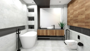 Projektowanie wnętrz Jolanta Broda - Lebioda, wizualizacja łazienki z lamelami