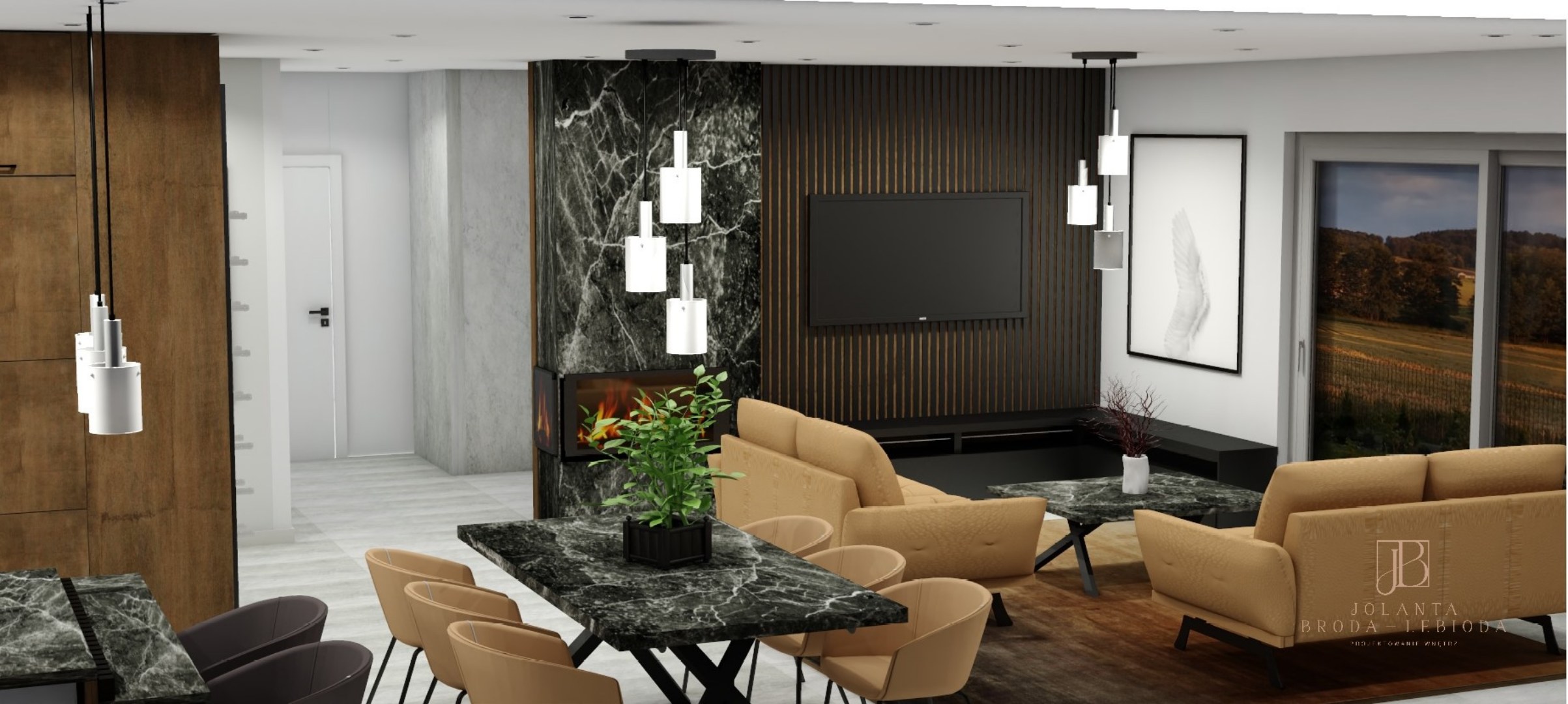 Projektowanie wnętrz, projekt salonu z kuchnią Jolanta Broda-Lebioda