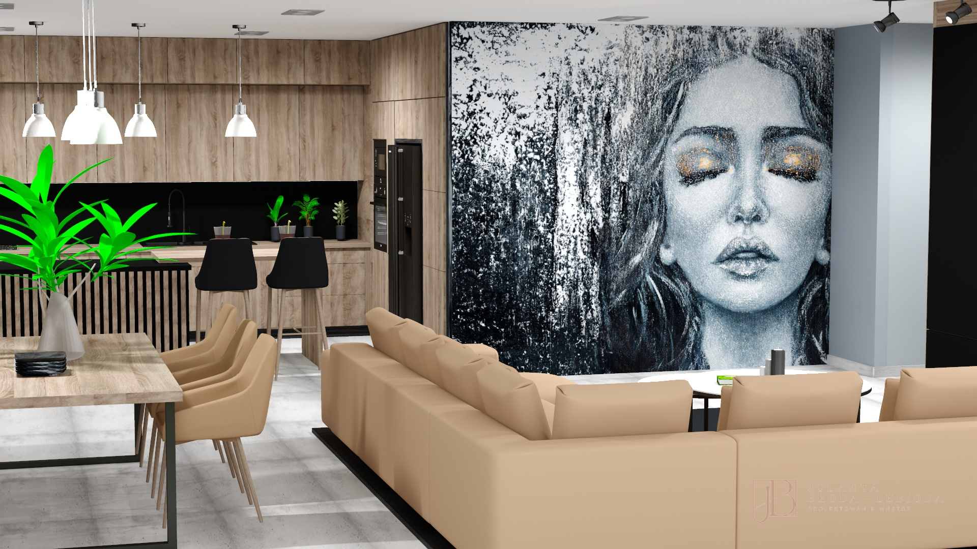 projekt salonu z kuchnią, aranżacje wnętrz Jolanta Broda-lebioda