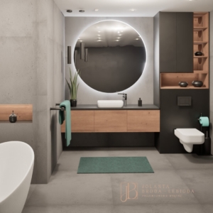 Wizualizacja szarej łazienki z drewnem