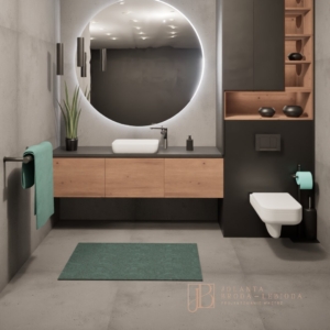 Aranżacja łazienki : szarość z drewnem